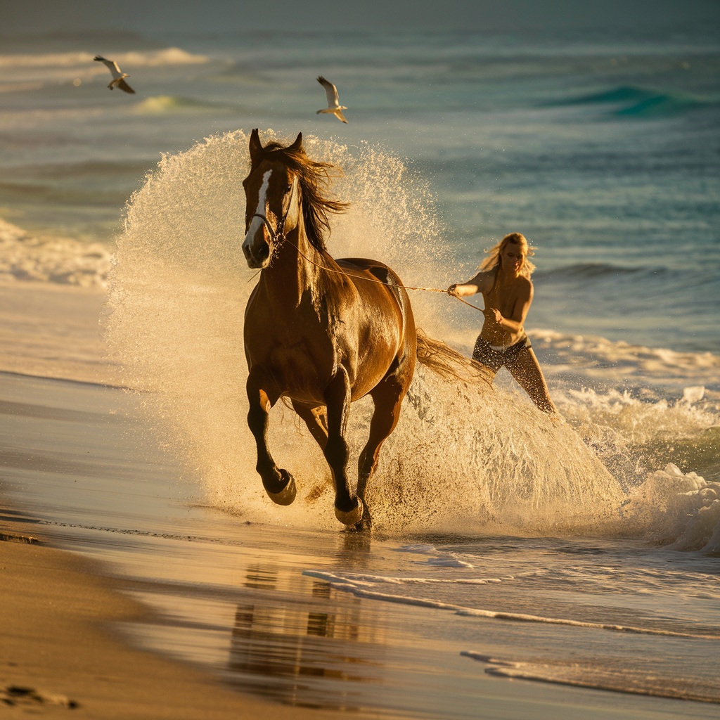 horse surfing woman